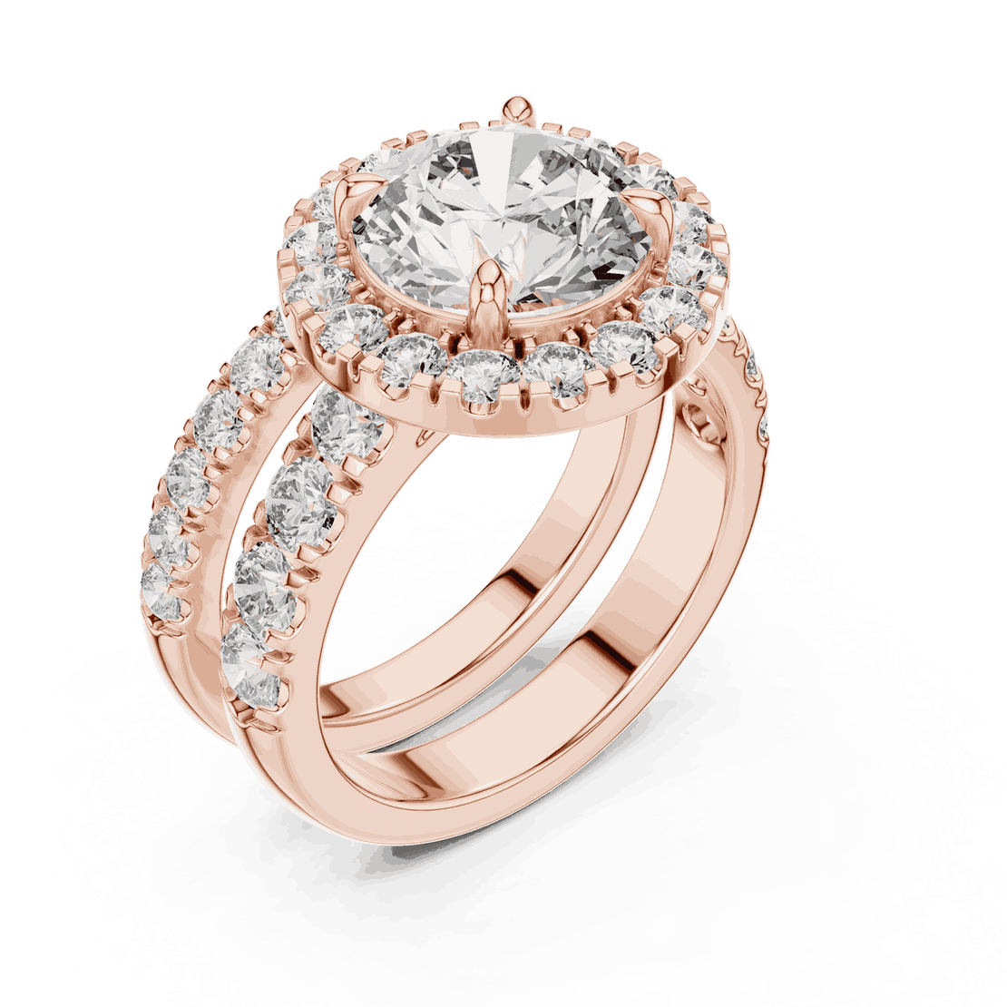 Angle View: Round Brilliant Diamond Halo Engagement Ring with Wide Double Diamond Band in 18K Rose Gold – Lab Grown – Driona Jewels