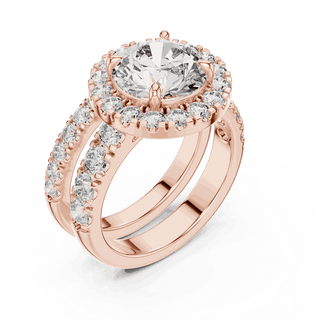 Angle View: Round Brilliant Diamond Halo Engagement Ring with Wide Double Diamond Band in 18K Rose Gold – Lab Grown – Driona Jewels