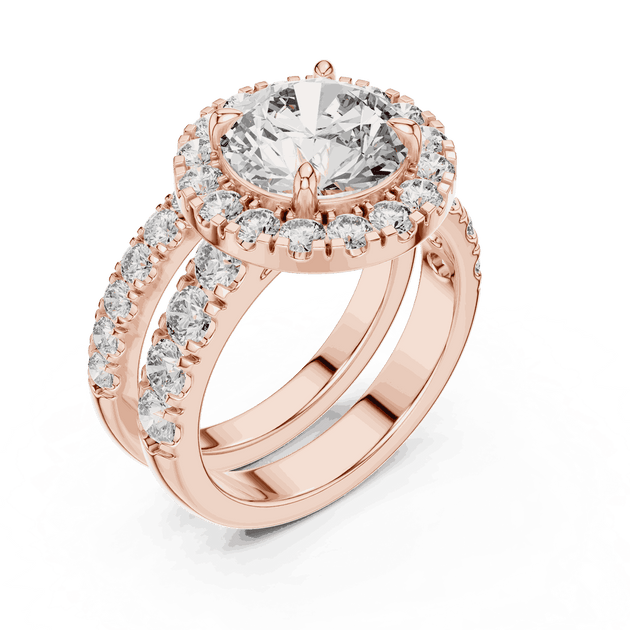 Angle View: Round Brilliant Diamond Halo Engagement Ring with Wide Double Diamond Band in 18K Rose Gold – Lab Grown – Driona Jewels