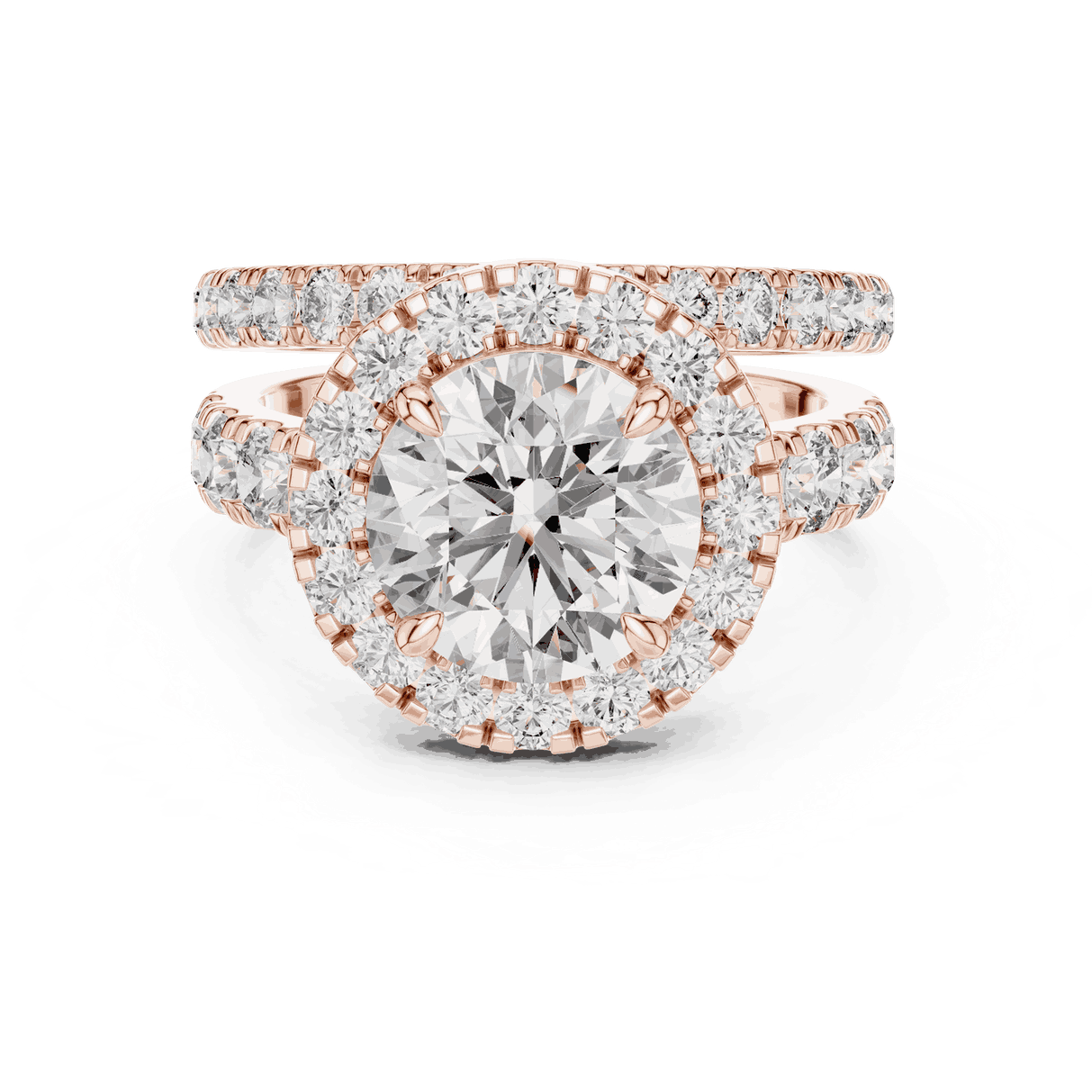 Front View: Round Brilliant Diamond Halo Engagement Ring with Wide Double Diamond Band in 18K Rose Gold – Lab Grown – Driona Jewels