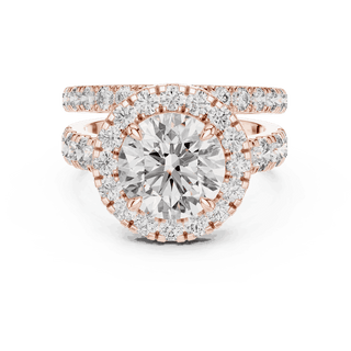 Front View: Round Brilliant Diamond Halo Engagement Ring with Wide Double Diamond Band in 18K Rose Gold – Lab Grown – Driona Jewels
