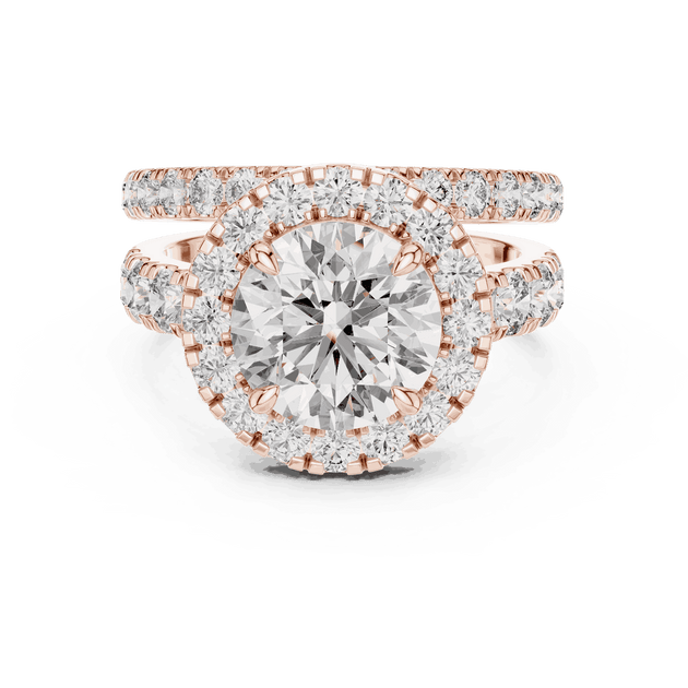 Front View: Round Brilliant Diamond Halo Engagement Ring with Wide Double Diamond Band in 18K Rose Gold – Lab Grown – Driona Jewels