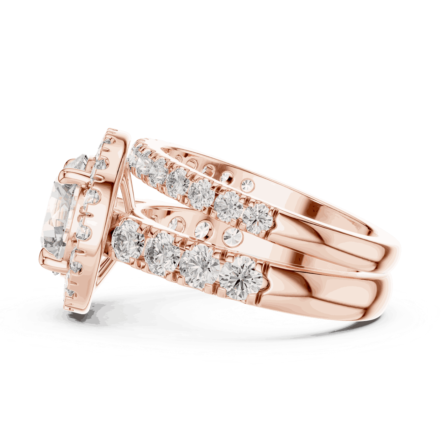 Side Profile: Round Brilliant Diamond Halo Engagement Ring with Wide Double Diamond Band in 18K Rose Gold – Lab Grown – Driona Jewels