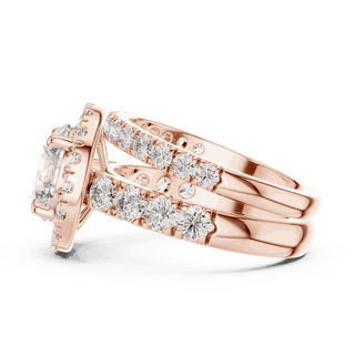 Side Profile: Round Brilliant Diamond Halo Engagement Ring with Wide Double Diamond Band in 18K Rose Gold – Lab Grown – Driona Jewels
