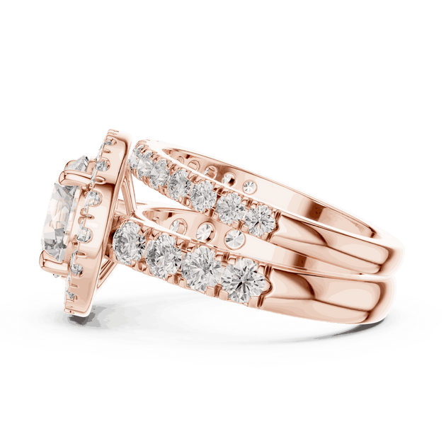 Side Profile: Round Brilliant Diamond Halo Engagement Ring with Wide Double Diamond Band in 18K Rose Gold – Lab Grown – Driona Jewels