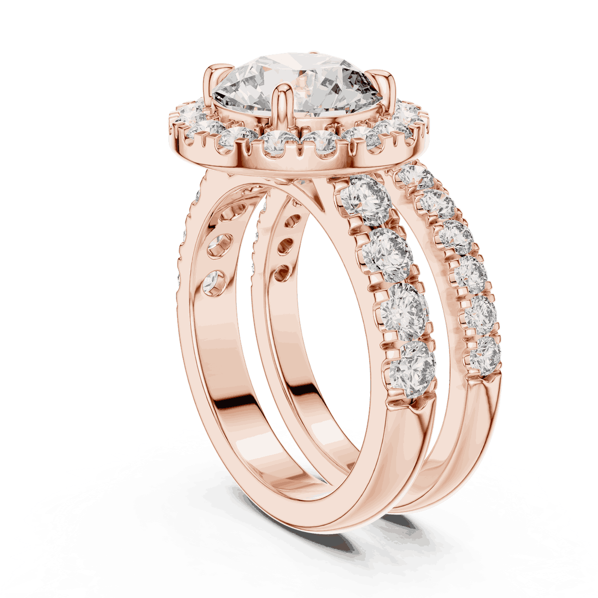 Three-Quarter View: Round Brilliant Diamond Halo Engagement Ring with Wide Double Diamond Band in 18K Rose Gold – Lab Grown – Driona Jewels
