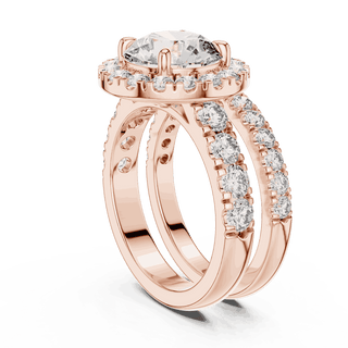 Three-Quarter View: Round Brilliant Diamond Halo Engagement Ring with Wide Double Diamond Band in 18K Rose Gold – Lab Grown – Driona Jewels
