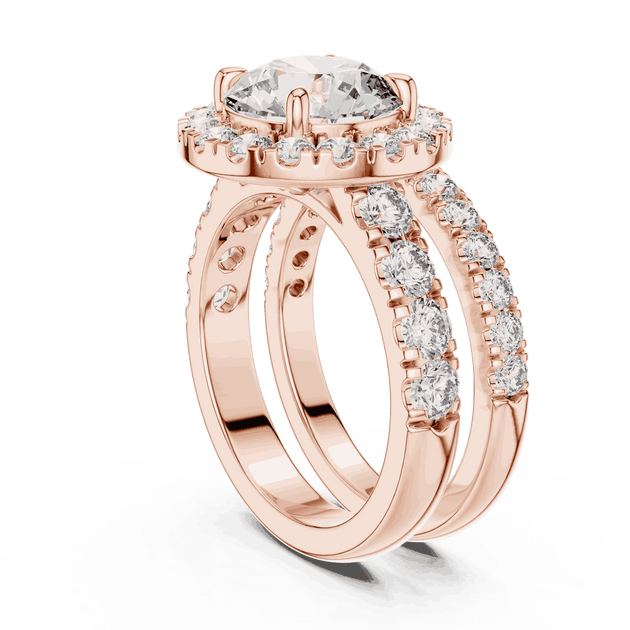 Three-Quarter View: Round Brilliant Diamond Halo Engagement Ring with Wide Double Diamond Band in 18K Rose Gold – Lab Grown – Driona Jewels