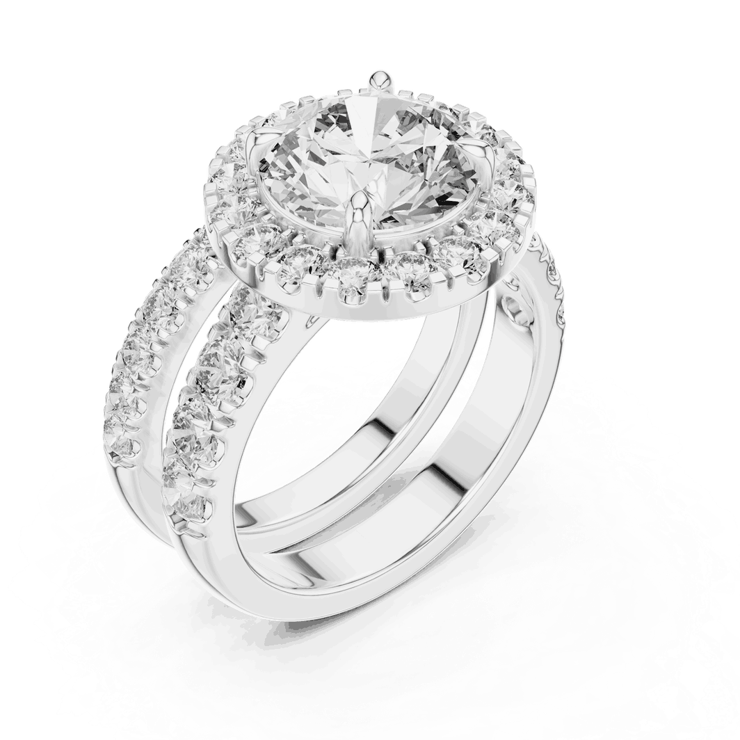 Angle View: Round Brilliant Diamond Halo Engagement Ring with Wide Double Diamond Band in 18K White Gold – Lab Grown – Driona Jewels