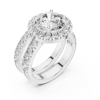 Angle View: Round Brilliant Diamond Halo Engagement Ring with Wide Double Diamond Band in 18K White Gold – Lab Grown – Driona Jewels