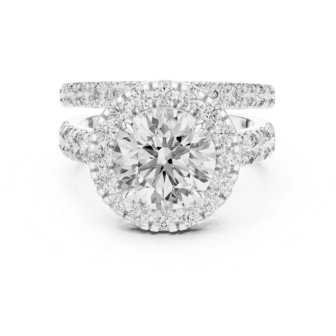 Front View: Round Brilliant Diamond Halo Engagement Ring with Wide Double Diamond Band in 18K White Gold – Lab Grown – Driona Jewels