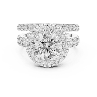 Front View: Round Brilliant Diamond Halo Engagement Ring with Wide Double Diamond Band in 18K White Gold – Lab Grown – Driona Jewels