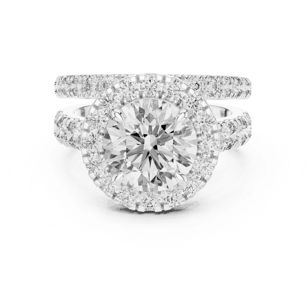 Front View: Round Brilliant Diamond Halo Engagement Ring with Wide Double Diamond Band in 18K White Gold – Lab Grown – Driona Jewels