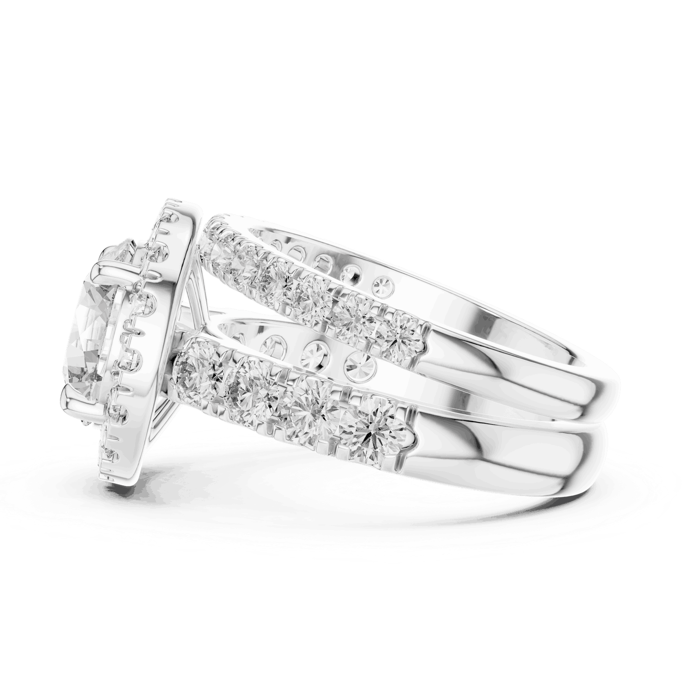 Side Profile: Round Brilliant Diamond Halo Engagement Ring with Wide Double Diamond Band in 18K White Gold – Lab Grown – Driona Jewels