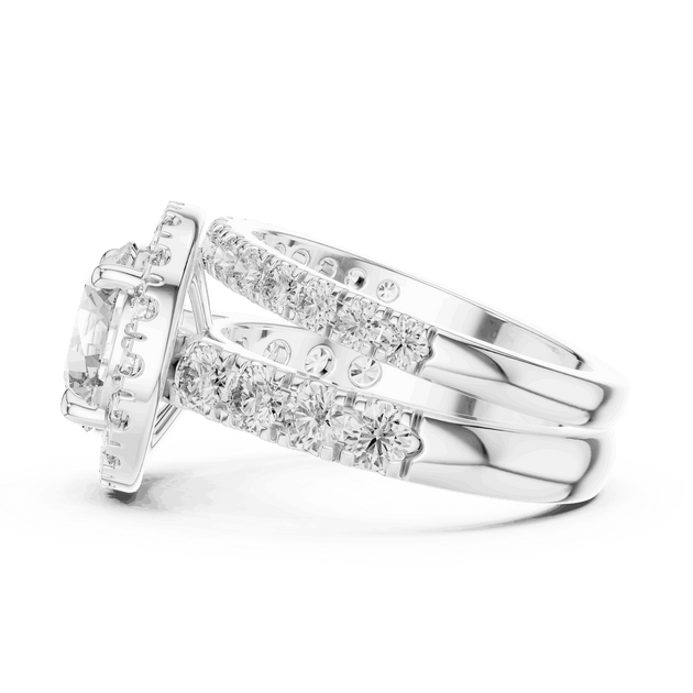 Side Profile: Round Brilliant Diamond Halo Engagement Ring with Wide Double Diamond Band in 18K White Gold – Lab Grown – Driona Jewels