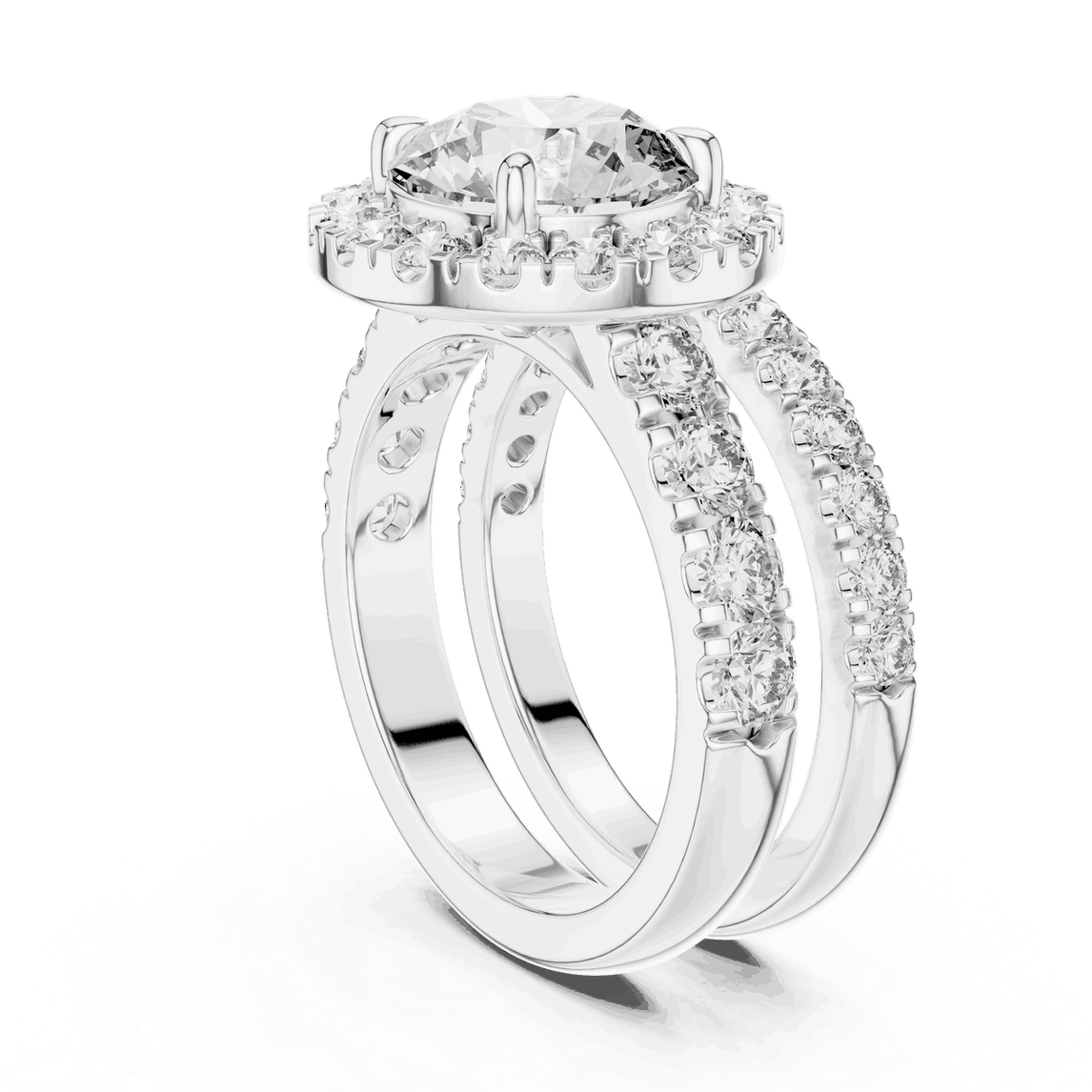 Three-Quarter View: Round Brilliant Diamond Halo Engagement Ring with Wide Double Diamond Band in 18K White Gold – Lab Grown – Driona Jewels