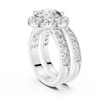 Three-Quarter View: Round Brilliant Diamond Halo Engagement Ring with Wide Double Diamond Band in 18K White Gold – Lab Grown – Driona Jewels