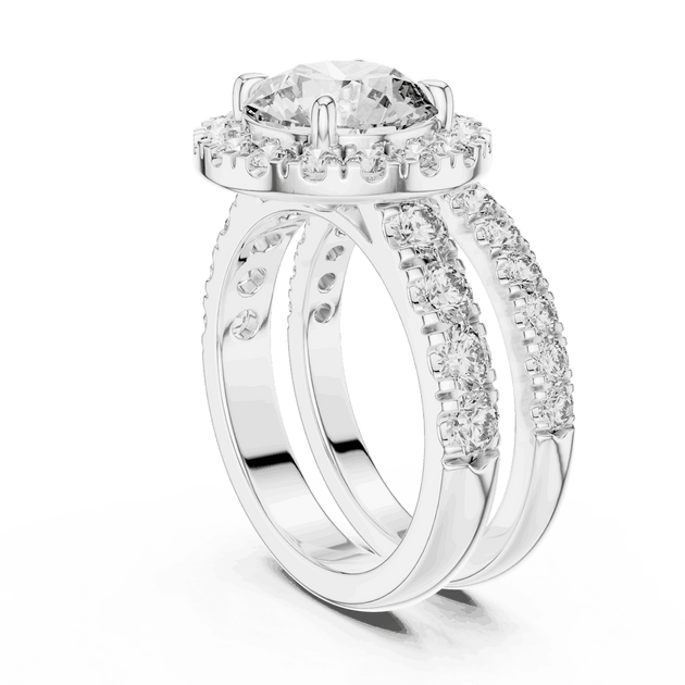 Three-Quarter View: Round Brilliant Diamond Halo Engagement Ring with Wide Double Diamond Band in 18K White Gold – Lab Grown – Driona Jewels