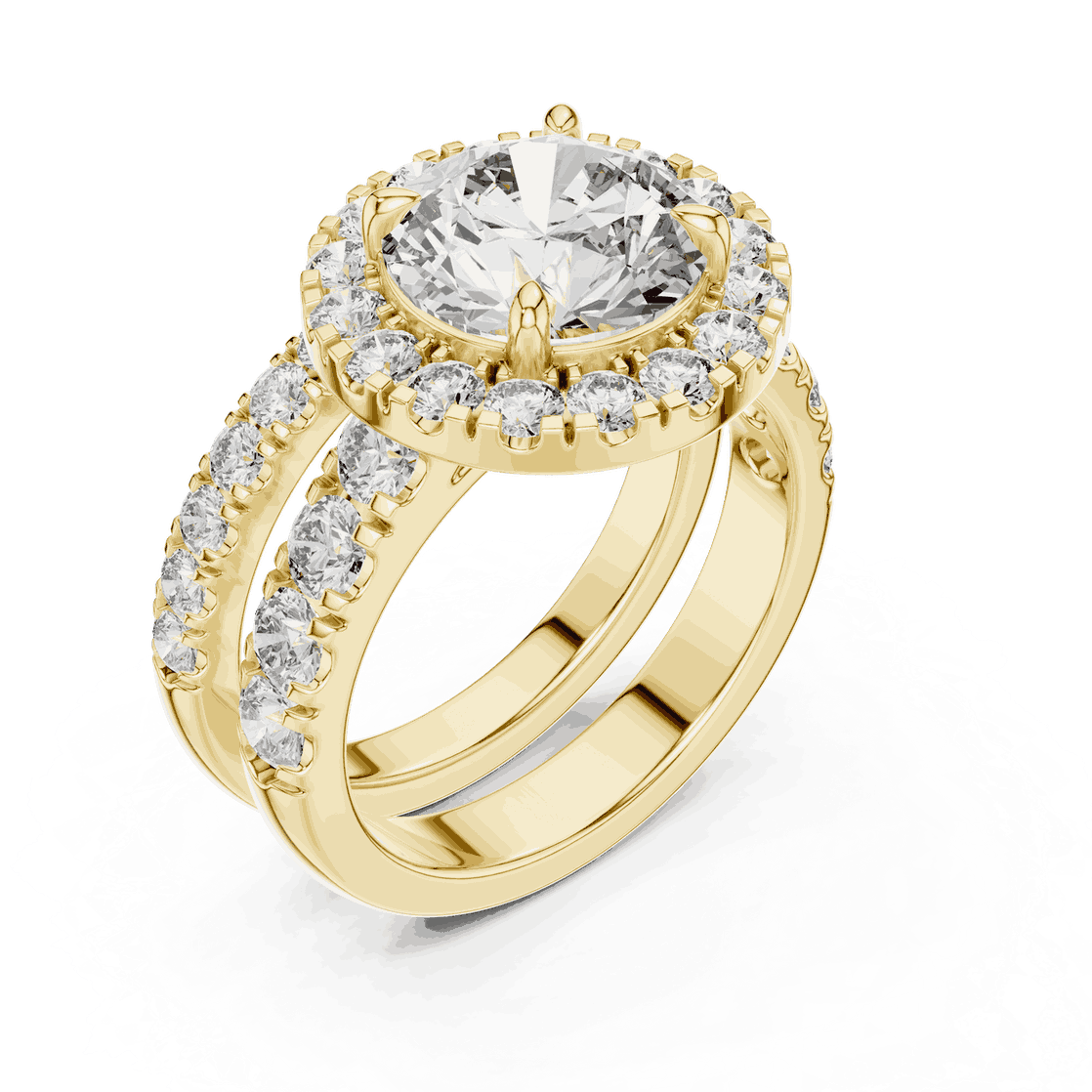 Angle View: Round Brilliant Diamond Halo Engagement Ring with Wide Double Diamond Band in 18K Yellow Gold – Lab Grown – Driona Jewels
