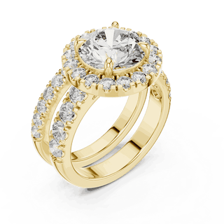 Angle View: Round Brilliant Diamond Halo Engagement Ring with Wide Double Diamond Band in 18K Yellow Gold – Lab Grown – Driona Jewels
