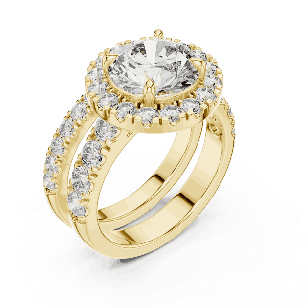 Angle View: Round Brilliant Diamond Halo Engagement Ring with Wide Double Diamond Band in 18K Yellow Gold – Lab Grown – Driona Jewels