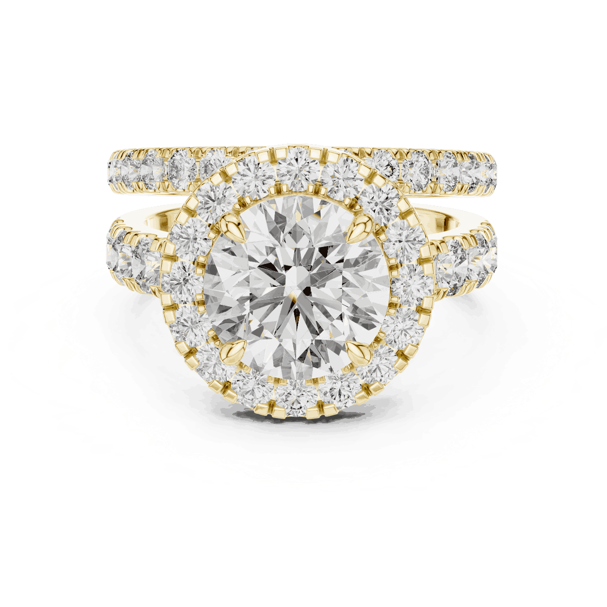 Front View: Round Brilliant Diamond Halo Engagement Ring with Wide Double Diamond Band in 18K Yellow Gold – Lab Grown – Driona Jewels