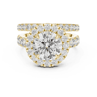 Front View: Round Brilliant Diamond Halo Engagement Ring with Wide Double Diamond Band in 18K Yellow Gold – Lab Grown – Driona Jewels