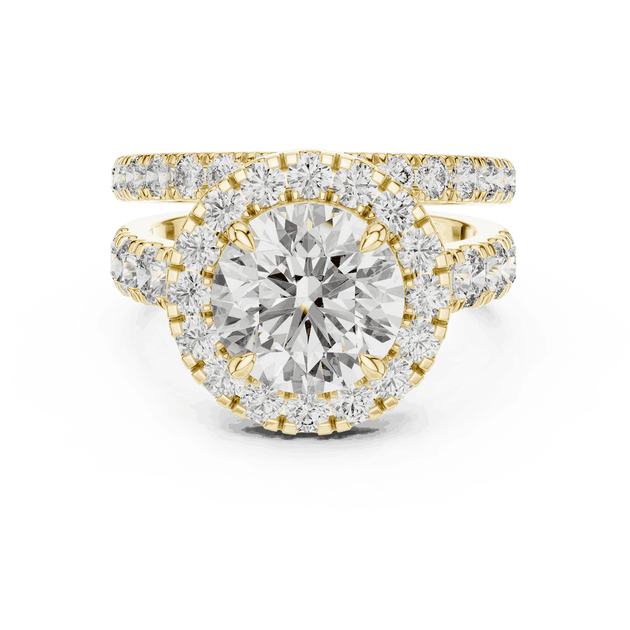 Front View: Round Brilliant Diamond Halo Engagement Ring with Wide Double Diamond Band in 18K Yellow Gold – Lab Grown – Driona Jewels