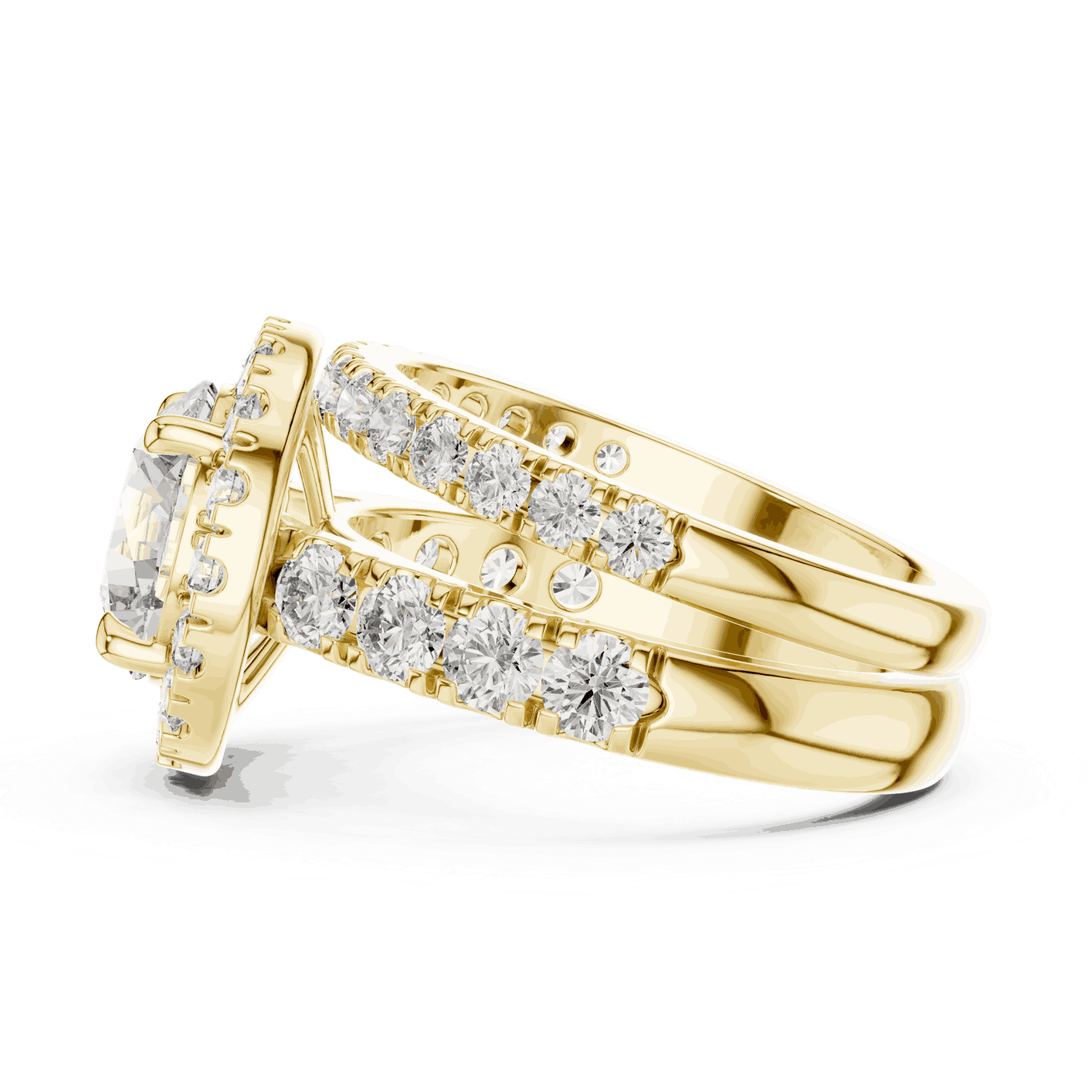 Side Profile: Round Brilliant Diamond Halo Engagement Ring with Wide Double Diamond Band in 18K Yellow Gold – Lab Grown – Driona Jewels