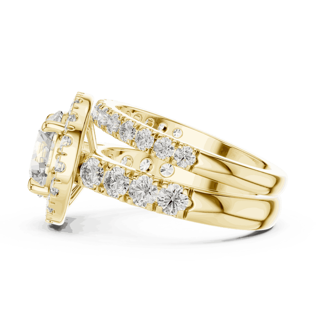 Side Profile: Round Brilliant Diamond Halo Engagement Ring with Wide Double Diamond Band in 18K Yellow Gold – Lab Grown – Driona Jewels