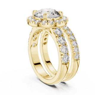 Three-Quarter View: Round Brilliant Diamond Halo Engagement Ring with Wide Double Diamond Band in 18K Yellow Gold – Lab Grown – Driona Jewels