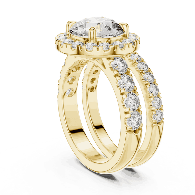Three-Quarter View: Round Brilliant Diamond Halo Engagement Ring with Wide Double Diamond Band in 18K Yellow Gold – Lab Grown – Driona Jewels
