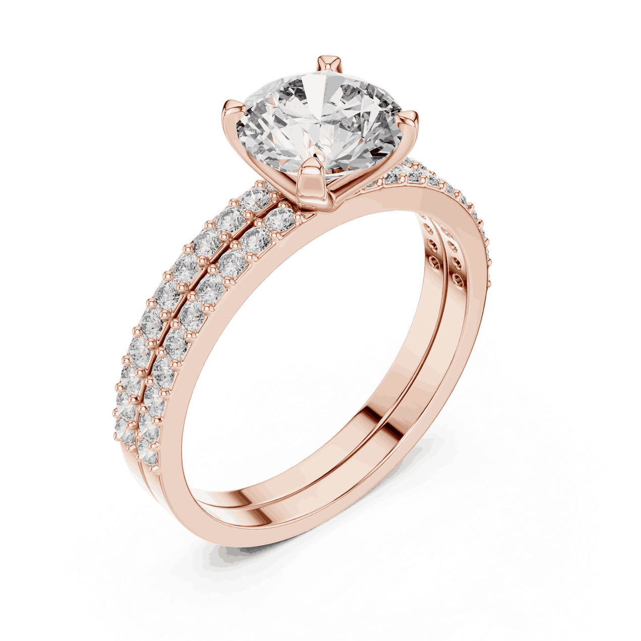 Angle View: Round Brilliant Diamond Solitaire Engagement Ring with Double-Row Micro-Pavé Band in 18K Rose Gold – Lab Grown – Driona Jewels