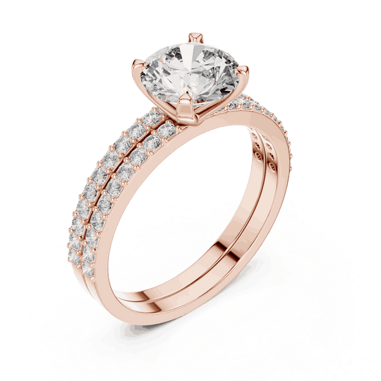 Angle View: Round Brilliant Diamond Solitaire Engagement Ring with Double-Row Micro-Pavé Band in 18K Rose Gold – Lab Grown – Driona Jewels