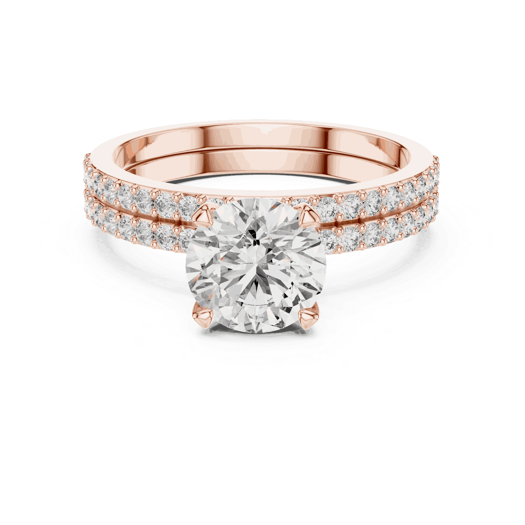 Front View: Round Brilliant Diamond Solitaire Engagement Ring with Double-Row Micro-Pavé Band in 18K Rose Gold – Lab Grown – Driona Jewels