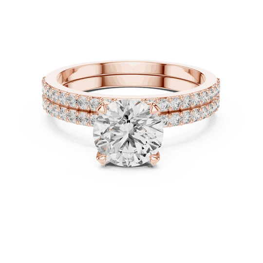 Front View: Round Brilliant Diamond Solitaire Engagement Ring with Double-Row Micro-Pavé Band in 18K Rose Gold – Lab Grown – Driona Jewels