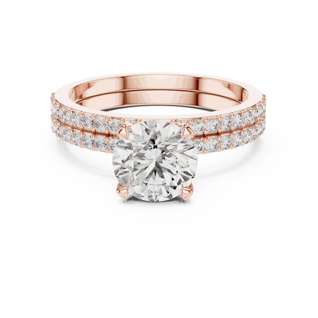 Front View: Round Brilliant Diamond Solitaire Engagement Ring with Double-Row Micro-Pavé Band in 18K Rose Gold – Lab Grown – Driona Jewels