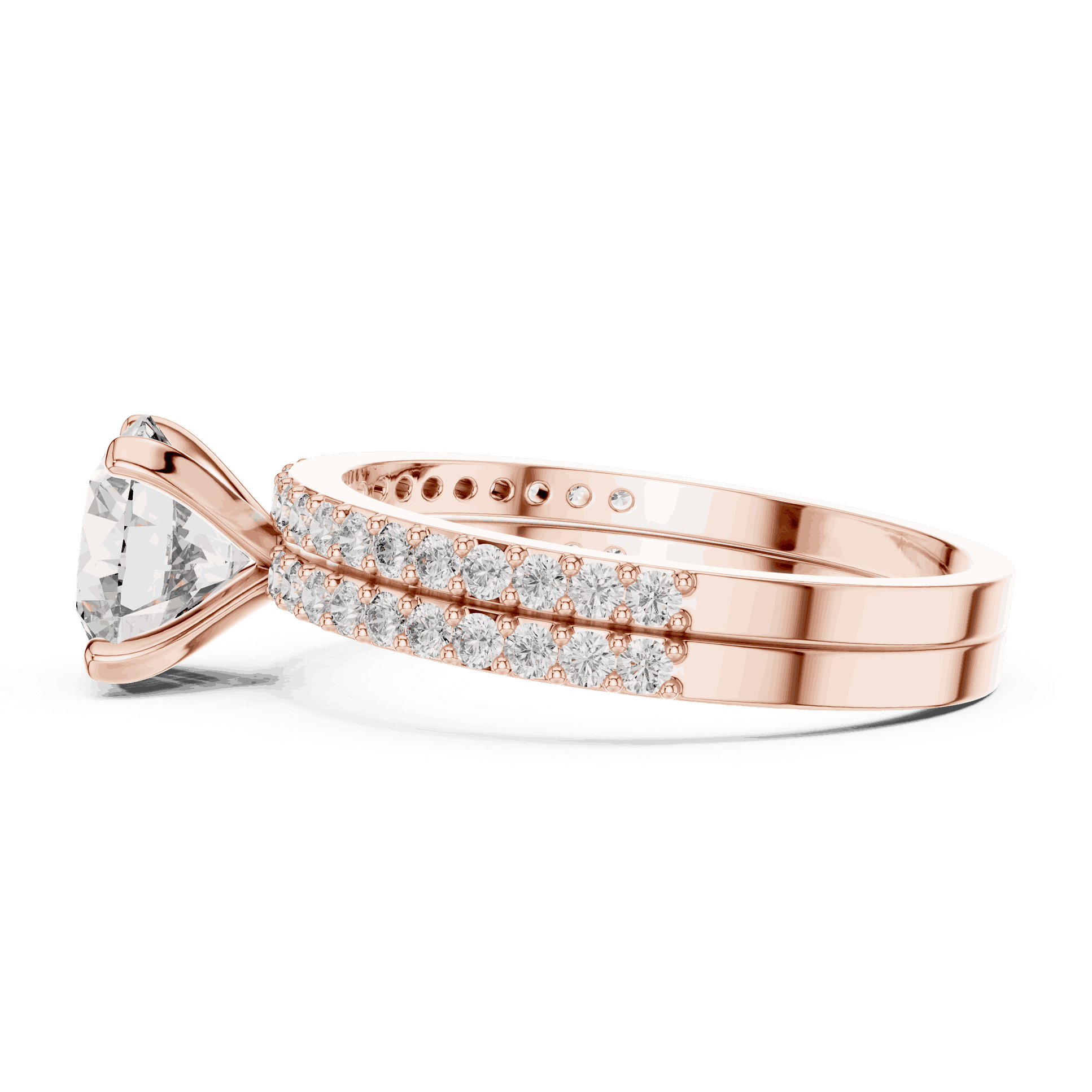 Side Profile: Round Brilliant Diamond Solitaire Engagement Ring with Double-Row Micro-Pavé Band in 18K Rose Gold – Lab Grown – Driona Jewels