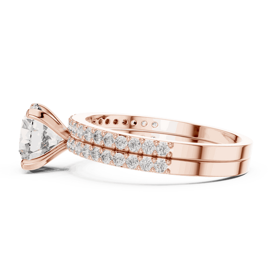 Side Profile: Round Brilliant Diamond Solitaire Engagement Ring with Double-Row Micro-Pavé Band in 18K Rose Gold – Lab Grown – Driona Jewels