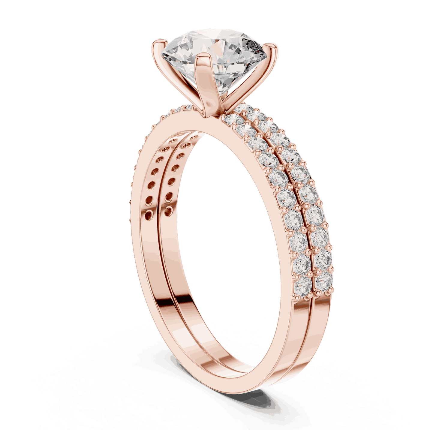 Three-Quarter View: Round Brilliant Diamond Solitaire Engagement Ring with Double-Row Micro-Pavé Band in 18K Rose Gold – Lab Grown – Driona Jewels