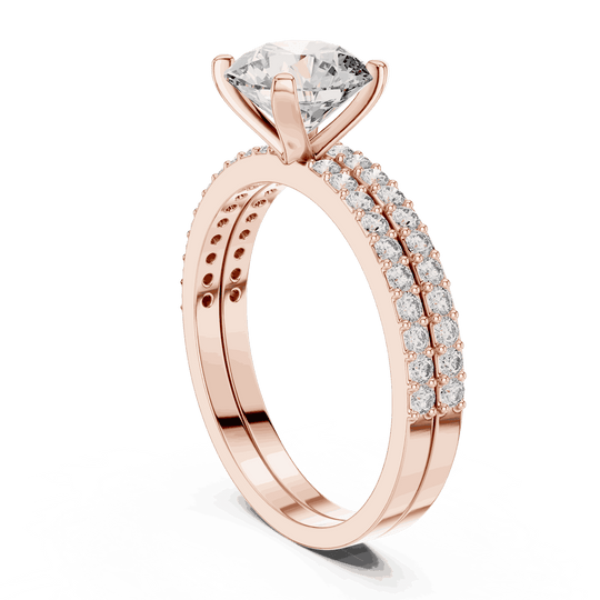 Three-Quarter View: Round Brilliant Diamond Solitaire Engagement Ring with Double-Row Micro-Pavé Band in 18K Rose Gold – Lab Grown – Driona Jewels