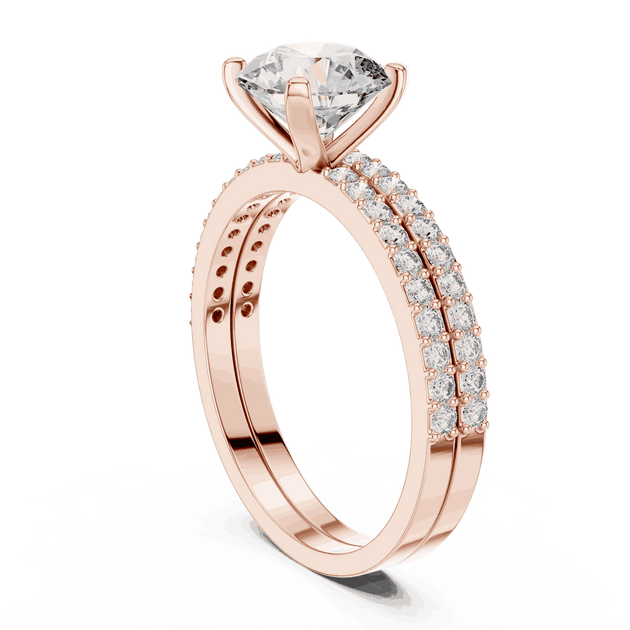 Three-Quarter View: Round Brilliant Diamond Solitaire Engagement Ring with Double-Row Micro-Pavé Band in 18K Rose Gold – Lab Grown – Driona Jewels