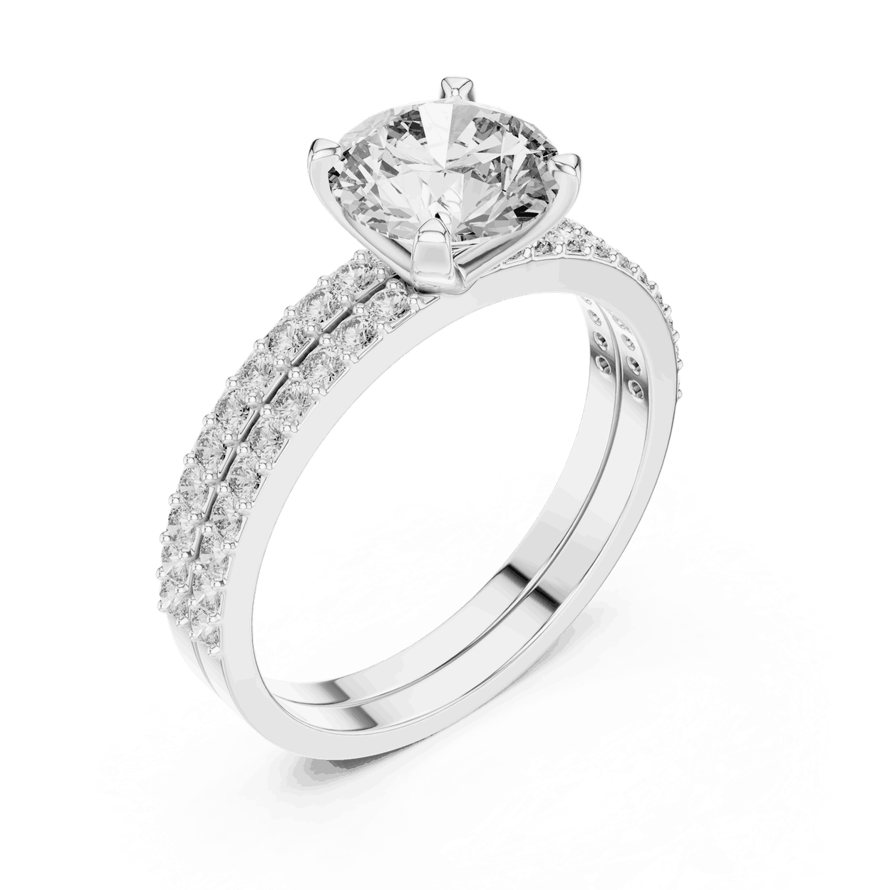 Angle View: Round Brilliant Diamond Solitaire Engagement Ring with Double-Row Micro-Pavé Band in 18K White Gold – Lab Grown – Driona Jewels