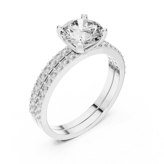 Angle View: Round Brilliant Diamond Solitaire Engagement Ring with Double-Row Micro-Pavé Band in 18K White Gold – Lab Grown – Driona Jewels