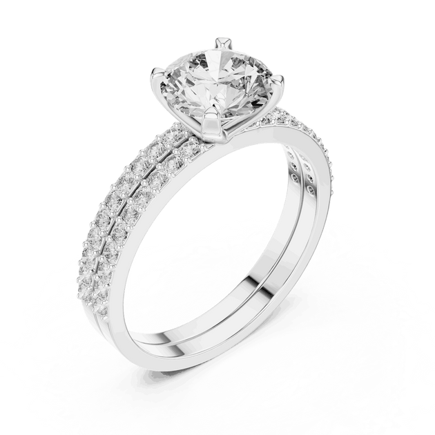 Angle View: Round Brilliant Diamond Solitaire Engagement Ring with Double-Row Micro-Pavé Band in 18K White Gold – Lab Grown – Driona Jewels