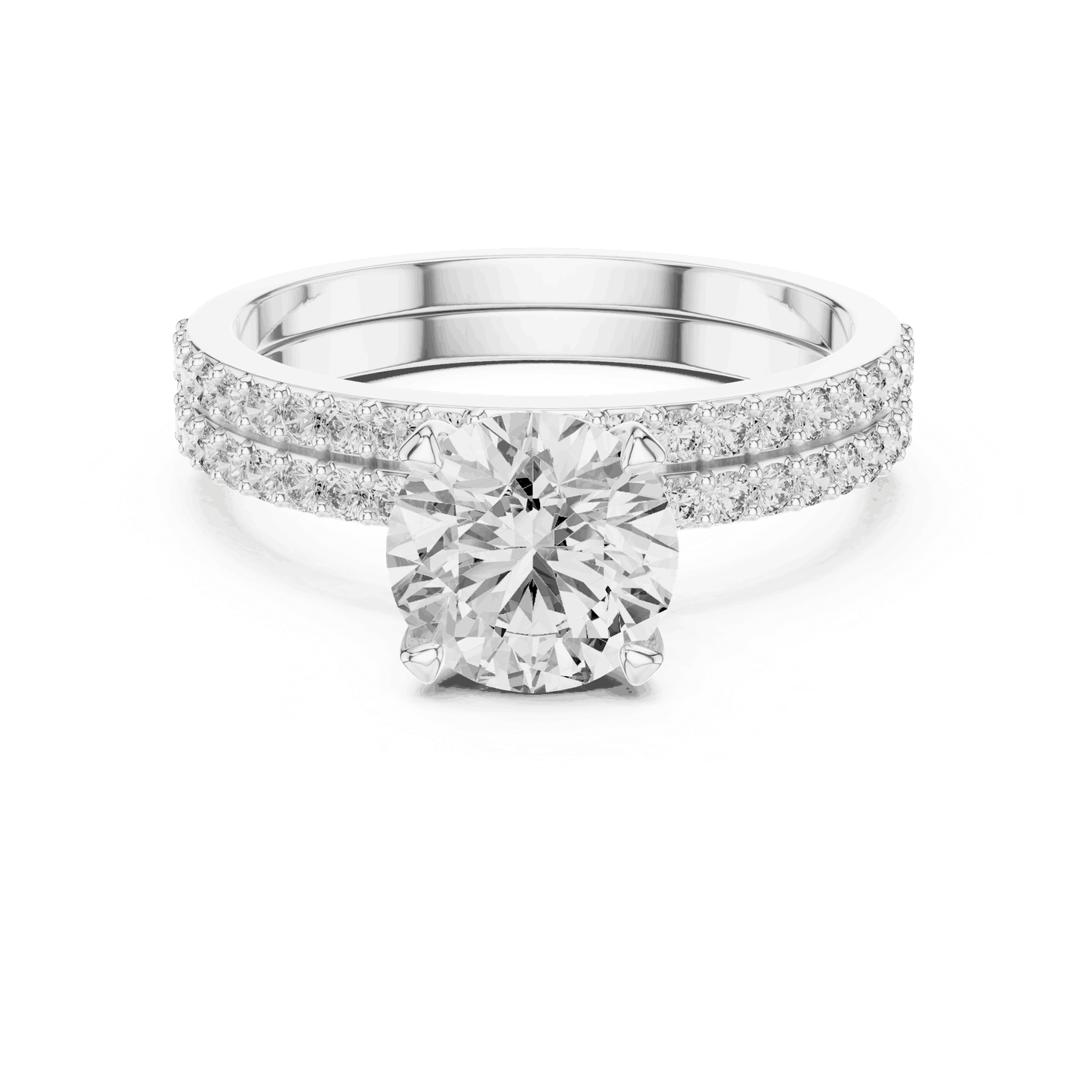 Front View: Round Brilliant Diamond Solitaire Engagement Ring with Double-Row Micro-Pavé Band in 18K White Gold – Lab Grown – Driona Jewels