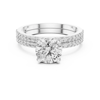 Front View: Round Brilliant Diamond Solitaire Engagement Ring with Double-Row Micro-Pavé Band in 18K White Gold – Lab Grown – Driona Jewels