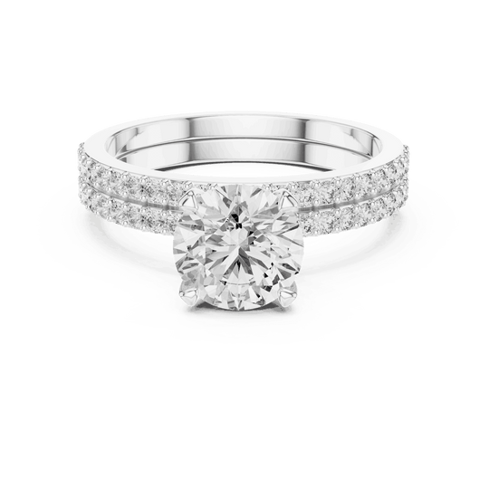 Front View: Round Brilliant Diamond Solitaire Engagement Ring with Double-Row Micro-Pavé Band in 18K White Gold – Lab Grown – Driona Jewels