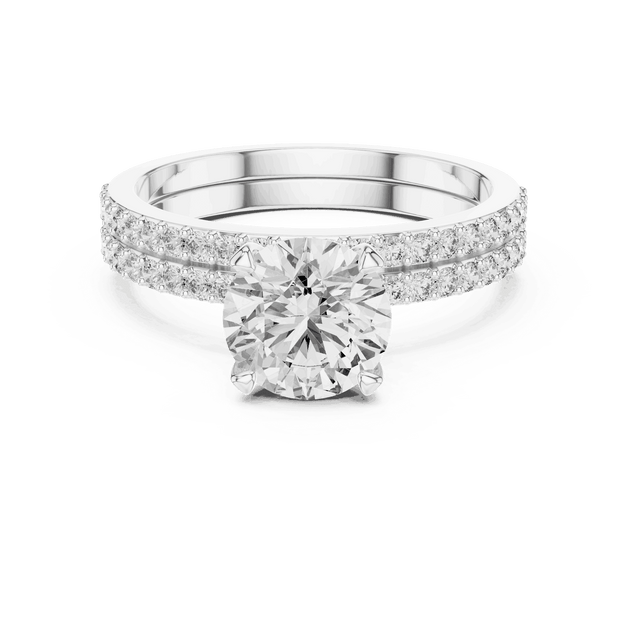 Front View: Round Brilliant Diamond Solitaire Engagement Ring with Double-Row Micro-Pavé Band in 18K White Gold – Lab Grown – Driona Jewels