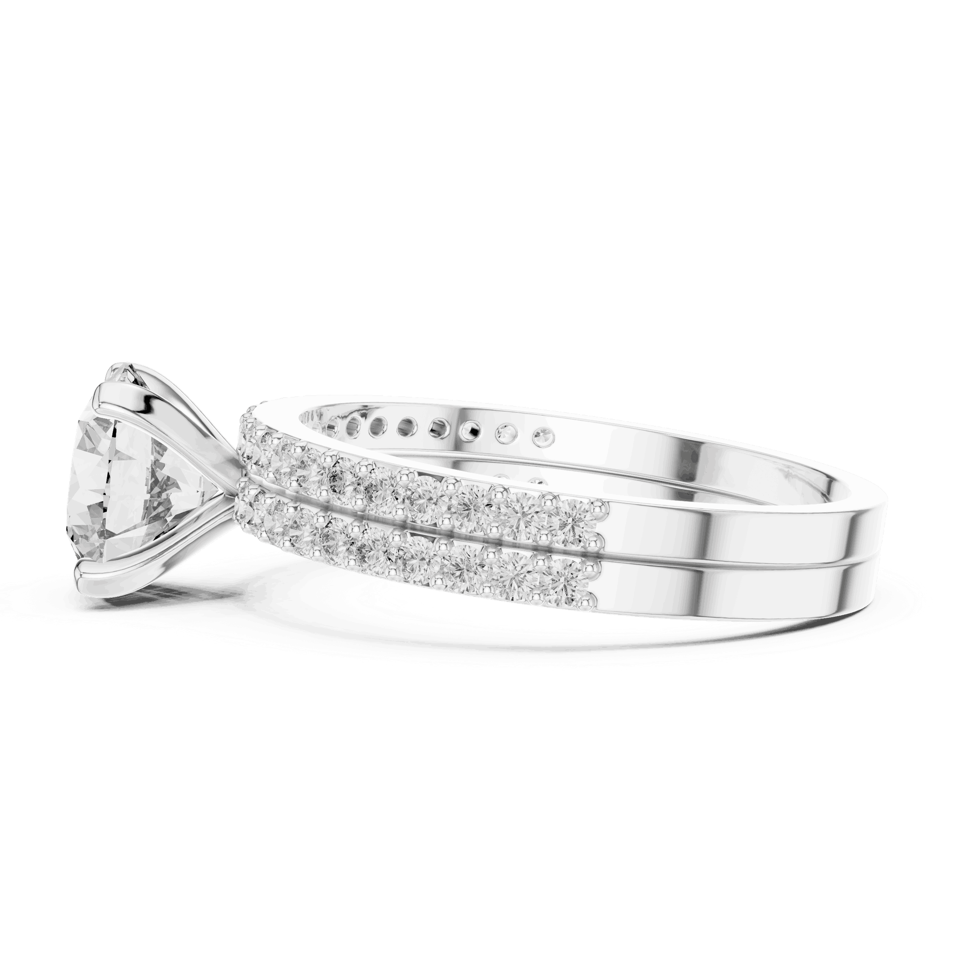 Side Profile: Round Brilliant Diamond Solitaire Engagement Ring with Double-Row Micro-Pavé Band in 18K White Gold – Lab Grown – Driona Jewels